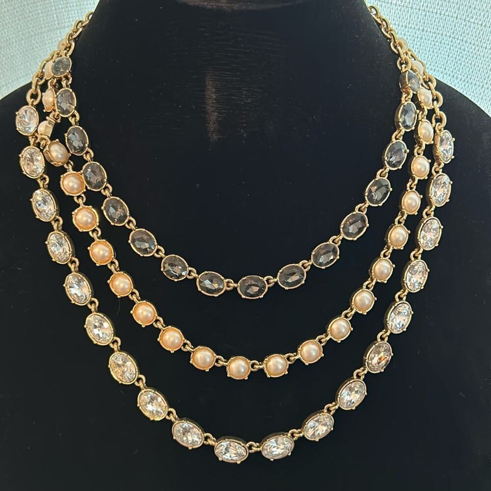 Ann Taylor Statement Necklace #367 Bezel Gems Pink Grey Apricot 3 Strand 18”